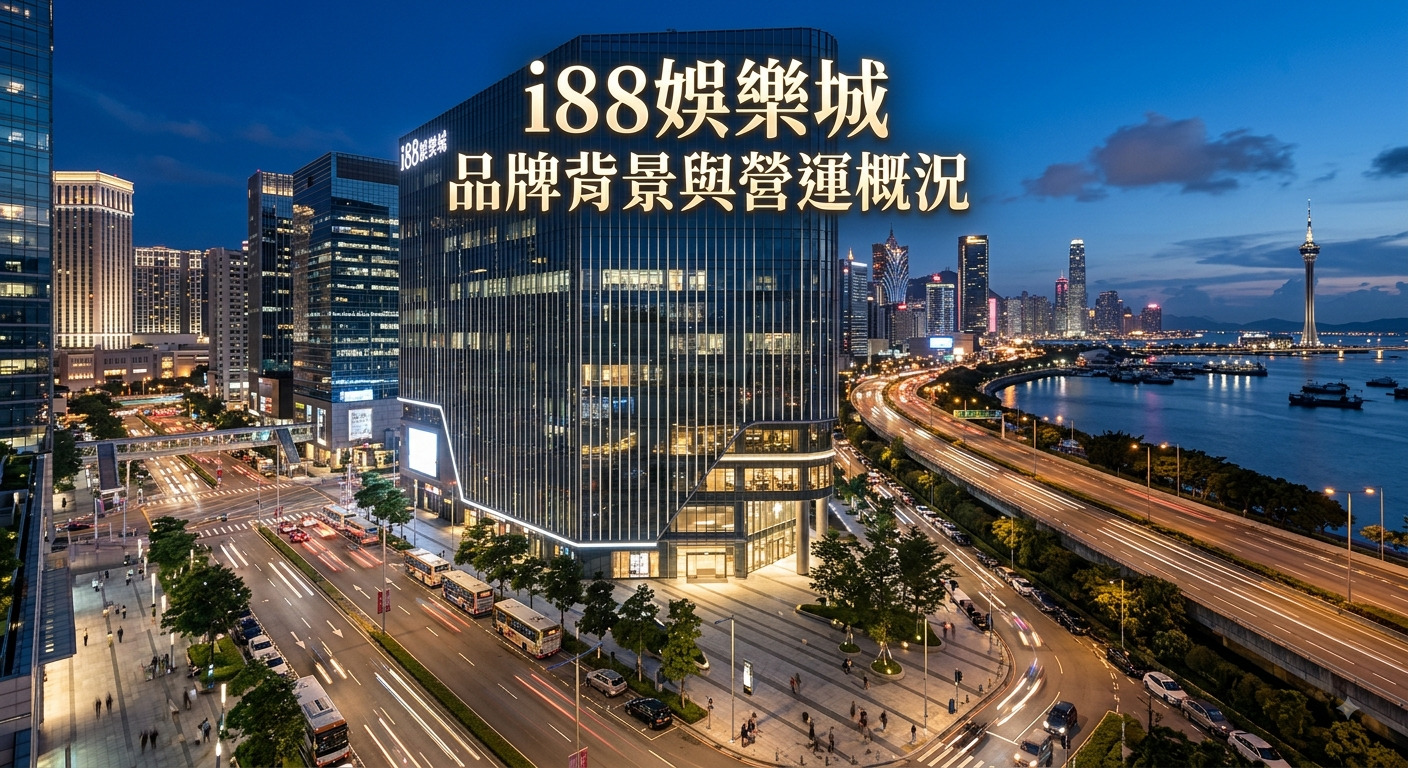 這張圖片展現了一座繁華現代都市的夜景,背景包含高聳的摩天大樓與忙碌的沿海道路。 畫面中央上方以優雅的金色字體標註著標題:「i88娛樂城品牌背景與營運概況」。