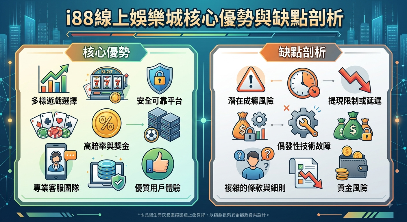 這張圖分為左右兩區,左側以綠色圖標呈現平台的遊戲多樣性、安全性與良好客服等核心優勢。 右側則以橘紅色圖標標示提現限制、技術故障及潛在風險等缺點,頂部帶有顯眼的中文標題。